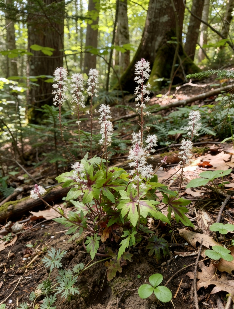 Tiarella 'Morning Star' en fleurs dans un sous-bois frais et ombragé